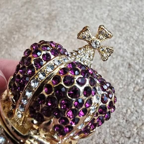 Rhinestone Crown Trinket Box Purple Crystal Gold Tone Jewelry Holder Royal - Picture 7 of 14